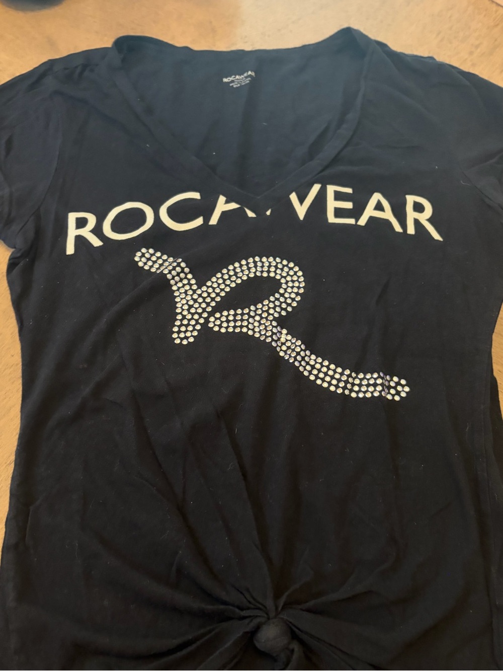 Roca wear Black V-Neck Tee with Rhinestone Logo